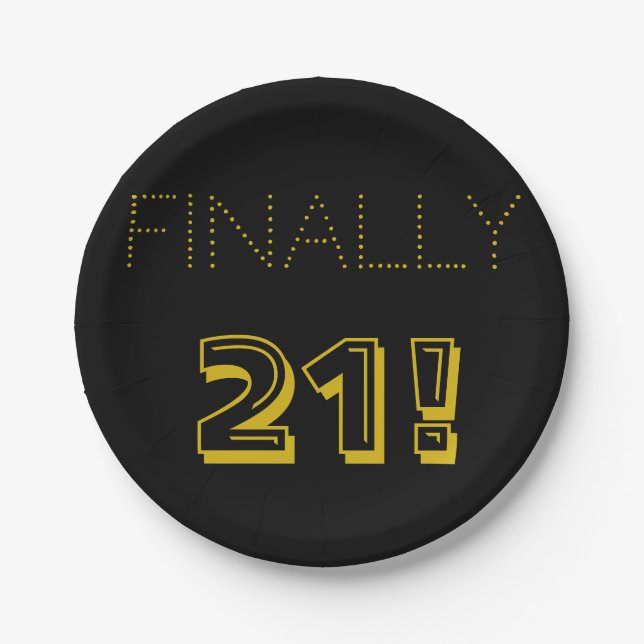 21st Birthday Party In Gold and Black Paper Plate (Front)