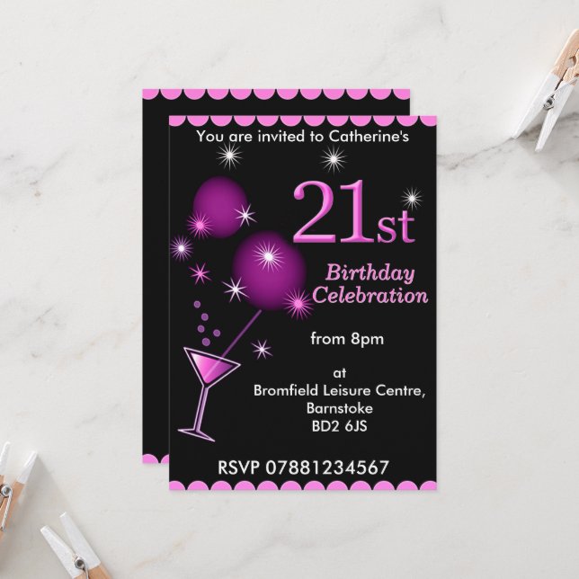 21st Birthday Party Invitation - Cocktail Glass (Front/Back In Situ)