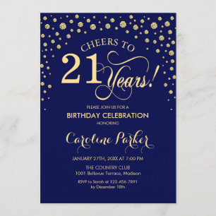 21st Birthday Party Invitation - Gold Navy Blue