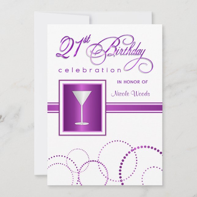 21st Birthday Party Invitations - Purple & Silver (Front)