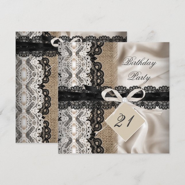 21st Birthday Party Lace Rustic Burlap Silk Invitation (Front/Back)