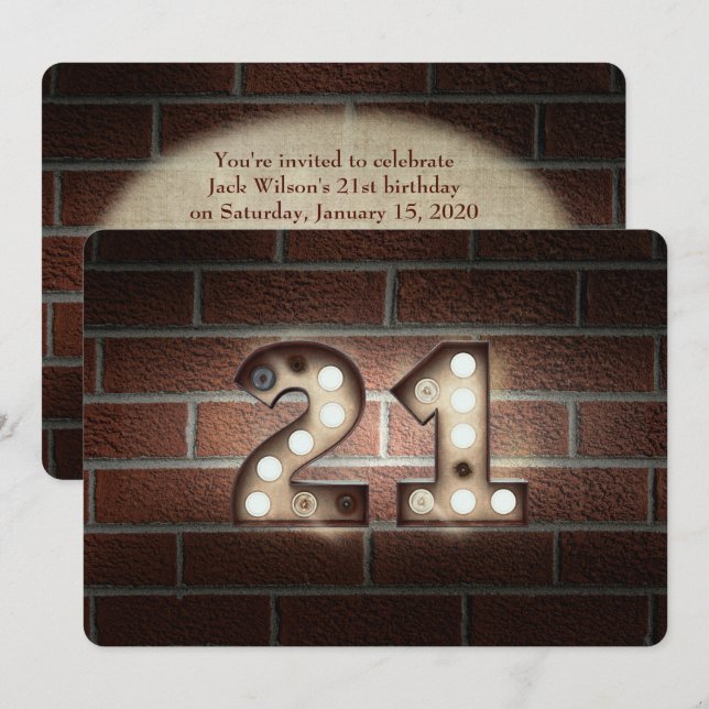 21st Birthday Party-marquee lights on brick Invitation (Front/Back)