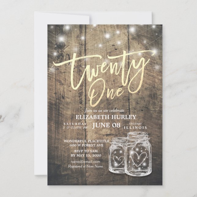 21st Birthday Party Mason Jars String Lights Wood Invitation (Front)