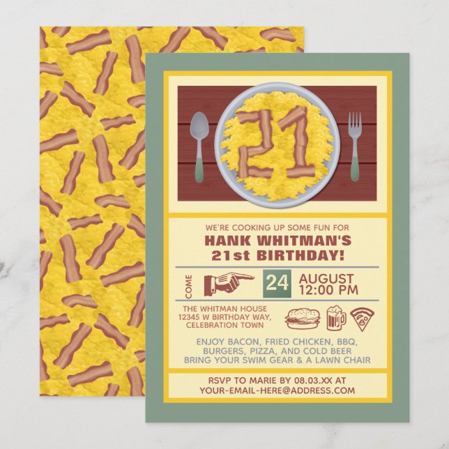 21st Birthday Party Mens Funny Bacon Eggs Theme Invitation (Front/Back)