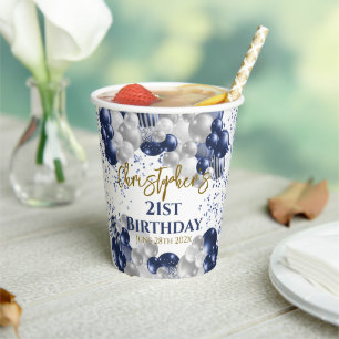 21st Birthday Party Navy Balloons Paper Cups