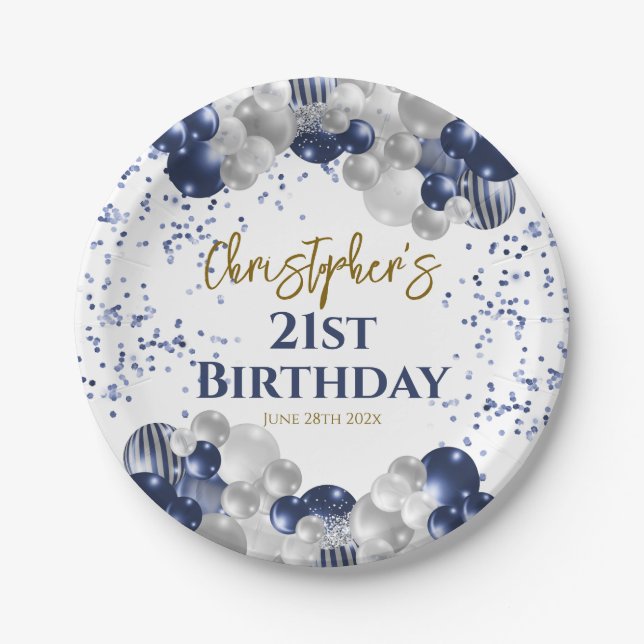 21st Birthday Party Navy Balloons Paper Plate (Front)