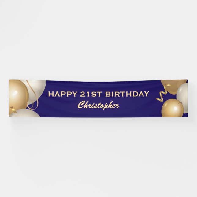 21st Birthday Party Navy Blue and Gold Balloons Banner (Horizontal)