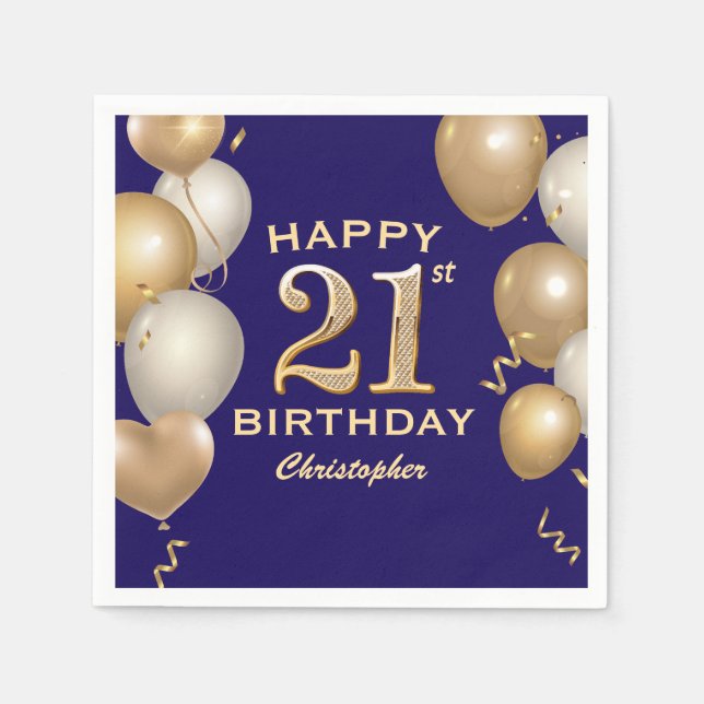 21st Birthday Party Navy Blue and Gold Balloons Napkin (Front)