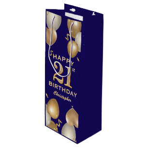 21st Birthday Party Navy Blue and Gold Balloons Wine Gift Bag
