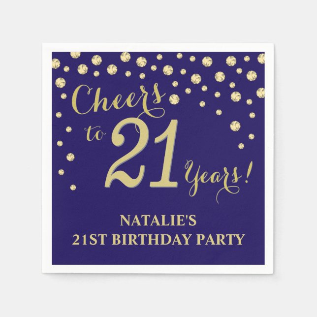 21st Birthday Party Navy Blue and Gold Diamond Napkin (Front)
