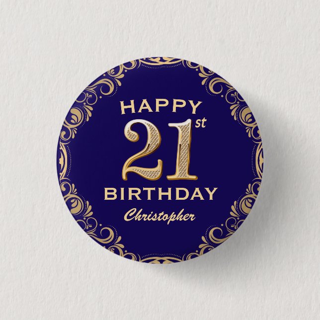 21st Birthday Party Navy Blue and Gold Glitter 1 Inch Round Button (Front)