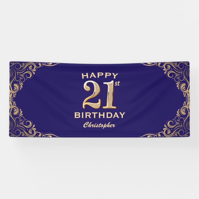 21st Birthday Party Navy Blue and Gold Glitter Banner (Horizontal)