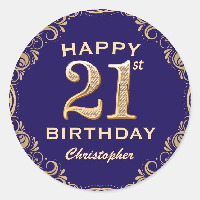 21st Birthday Party Navy Blue and Gold Glitter Classic Round Sticker (Front)