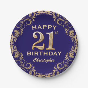 21st Birthday Party Navy Blue and Gold Glitter Paper Plate