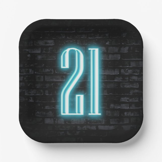 21st Birthday Party Neon Sign on Brick   Paper Plate (Front)
