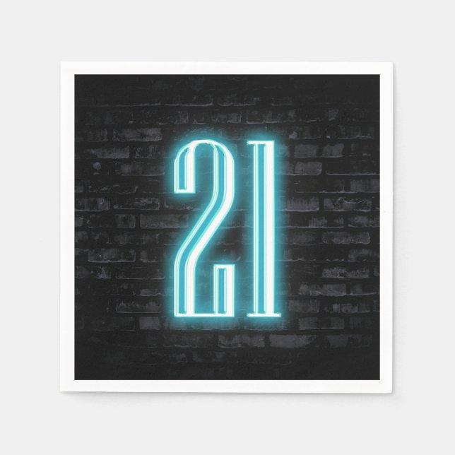 21st Birthday Party Neon Sign on Brick Wall  Napkin (Front)