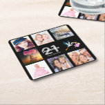 21st birthday party photo collage black square paper coaster<br><div class="desc">A party coaster for a girly 21st birthday party,  celebrating her life with a collage of 8 of your photos.  Templates for a name,  age 21 and a date.  Date of birth or the date of the party.  White and grey coloured letters. Elegant black background colour.</div>