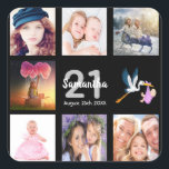 21st birthday party photo collage black square sticker<br><div class="desc">A sticker for a girly 21st birthday party,  celebrating her life with a collage of 8 of your photos.  Templates for a name,  age 21 and a date.  Date of birth or the date of the party.  White and grey coloured letters.  Black background colour.</div>