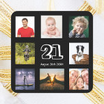 21st birthday party photo collage guy black square sticker<br><div class="desc">A sticker for a 21st birthday party for a guy,  celebrating his life with a collage of 8 of your photos.  Templates for the age 21 and a date.  Date of birth or the date of the party.  White coloured letters.  Black background.</div>