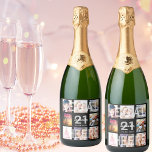 21st birthday party photo collage legal black sparkling wine label<br><div class="desc">A bottle label for a 21st birthday party, celebrating her life with a collage of 8 of your photos. Personalize and add a name, age 21 and a date. Date of birth or the date of the party. White and grey coloured letters. Elegant, chic black background colour. The text: Legal...</div>