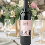 21st birthday party photo collage rose gold cheers wine label<br><div class="desc">A bottle label for a 21st birthday party, celebrating her life with a collage of 3 of your photos. Personalize and add a name, age 21 and a date. Date of birth or the date of the party. White and dark rose gold coloured letters. The text: Cheers. Elegant and trendy...</div>