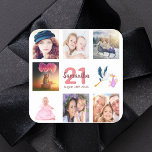 21st birthday party photo collage square sticker<br><div class="desc">A sticker for a girly 21st birthday party,  celebrating her life with a collage of 8 of your photos.  Templates for a name,  age 21 and a date.  Date of birth or the date of the party.  Coral and burgundy coloured letters.  White background.</div>