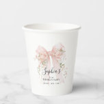 21st Birthday Party Pink Bow with Roses Custom Paper Cups<br><div class="desc">Blush pink watercolor coquette bow is decorated with roses and sage green greenery.</div>