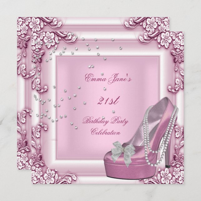 21st Birthday Party Pink High Heel Shoes Invitation (Front/Back)