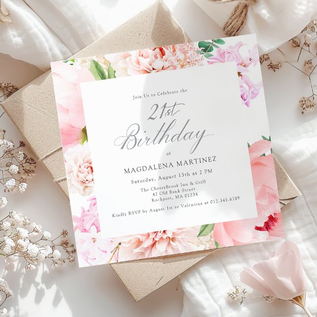 21st Birthday Party Pink Peony Floral Square Invitation (Creator Uploaded)