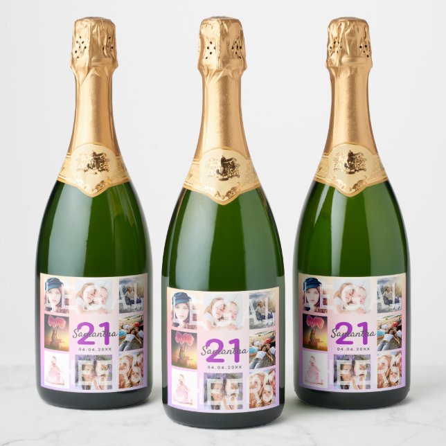 21st birthday party pink purple cheers photo sparkling wine label (Bottles)