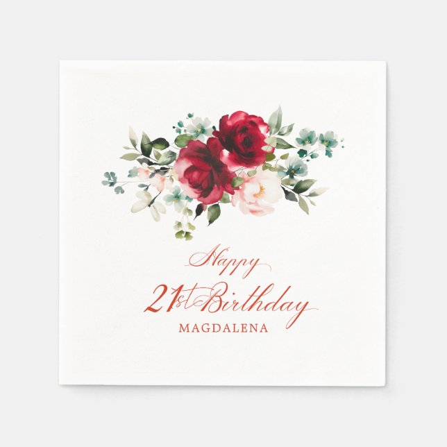 21st Birthday Party Pink Red Floral Custom Napkin (Front)