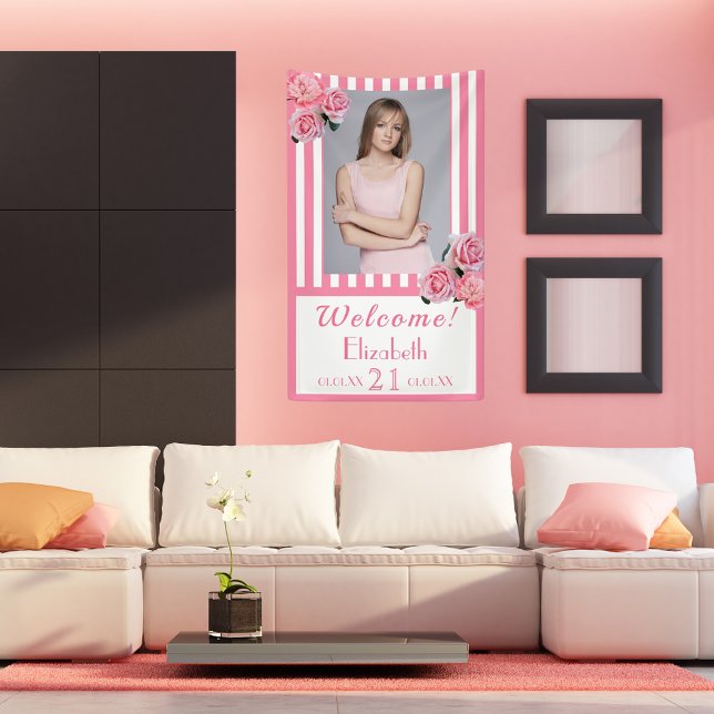 21st birthday party pink white stripes photo banner (Creator Uploaded)