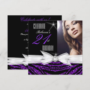 21st Birthday Party Purple 21 Zebra Photo 3 Invitation