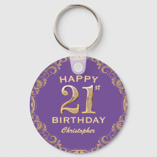 21st Birthday Party Purple and Gold Glitter Frame Keychain