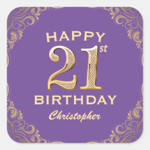 21st Birthday Party Purple and Gold Glitter Frame Square Sticker