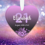 21st birthday party purple black gradient name<br><div class="desc">Glamorous ornament for a 21st birthday with elegant and modern black and pink,  purple gradient,  ombre backdrop. With ultra violet and purple colored watercolored flowers.  Templates for name,  age 21 and date,  white and purple colored letters. Perfect as a party decoration,  keepsake or gift.</div>