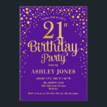 21st Birthday Party - Purple & Gold Invitation<br><div class="desc">21st Birthday Party Invitation.
Elegant design in royal purple and faux glitter gold. Features stylish script font and confetti. Message me if you need custom age.</div>