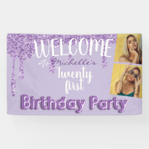 21st Birthday Party Purple Photo Glitter Drips Banner