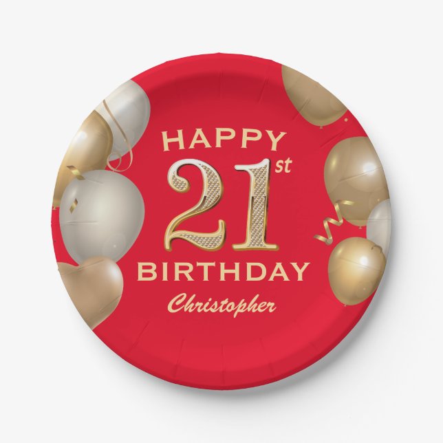 21st Birthday Party Red and Gold Balloons Paper Plate (Front)