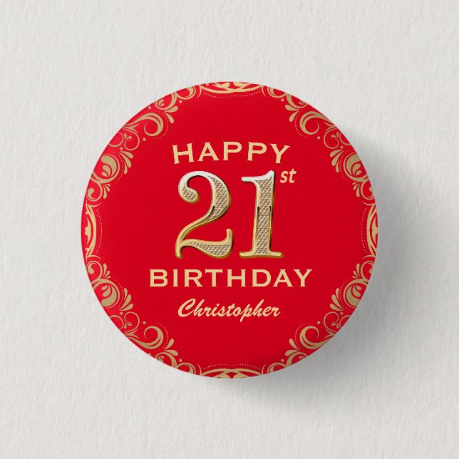 21st Birthday Party Red and Gold Glitter Frame 1 Inch Round Button (Front)