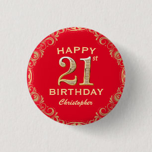 21st Birthday Party Red and Gold Glitter Frame 1 Inch Round Button