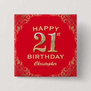 21st Birthday Party Red and Gold Glitter Frame 2 Inch Square Button