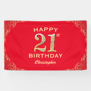 21st Birthday Party Red and Gold Glitter Frame Banner