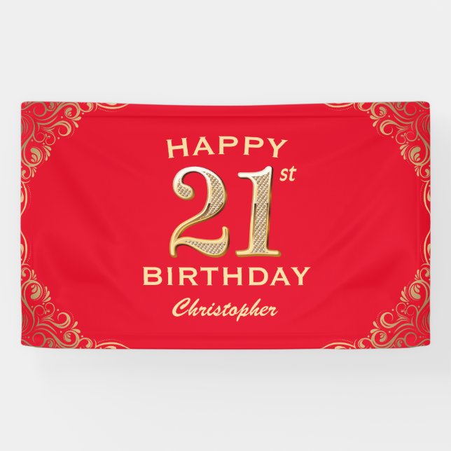 21st Birthday Party Red and Gold Glitter Frame Banner (Horizontal)