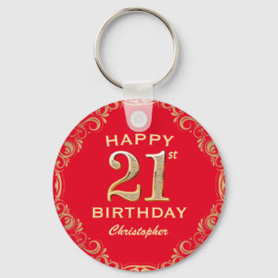 21st Birthday Party Red and Gold Glitter Frame Keychain
