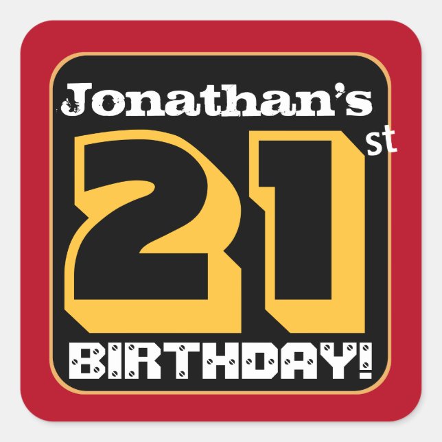 21st Birthday Party Red Black Gold Add Name A15 Square Sticker (Front)