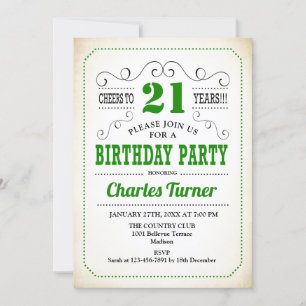 21st Birthday Party - Retro Creamy White and Green Invitation