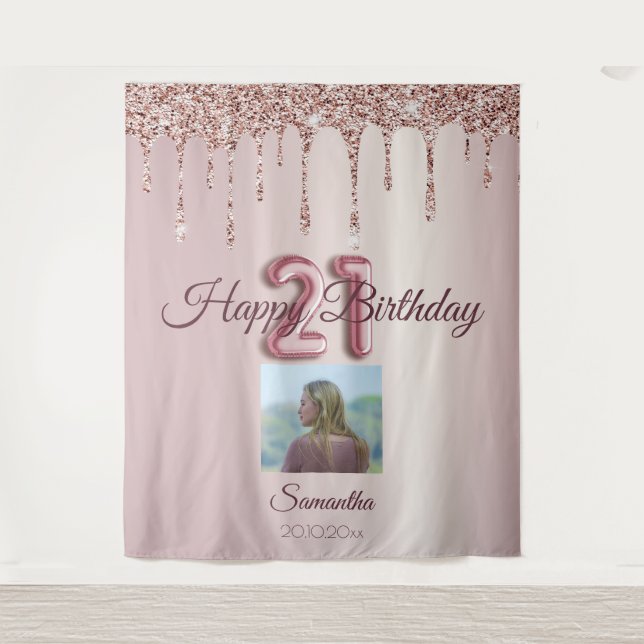 21st Birthday Party Rose Gold Balloon Glitter Tapestry (Front)