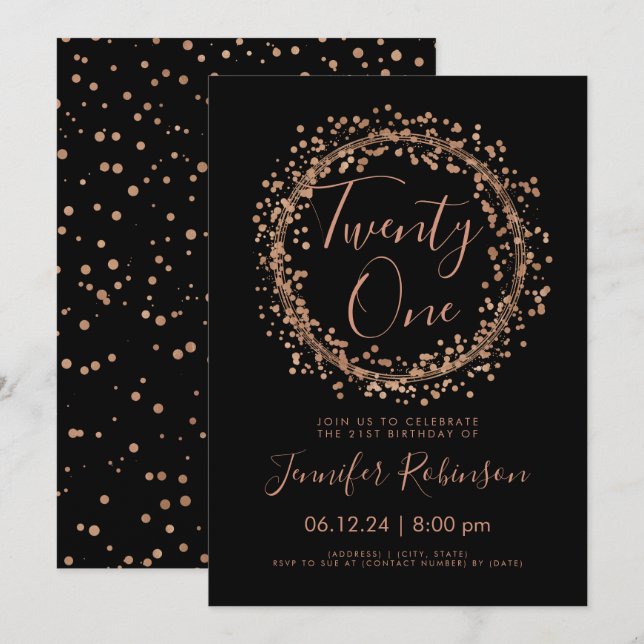 21st Birthday Party Rose Gold Black Confetti Invitation (Front/Back)
