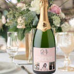 21st birthday party rose gold blush cheers photo sparkling wine label<br><div class="desc">A bottle label for a 21st birthday party, celebrating her life with a collage of 3 of your photos. Personalize and add a name, age 21 and a date. Date of birth or the date of the party. White and dark rose gold coloured letters. The text: Cheers. Elegant and trendy...</div>